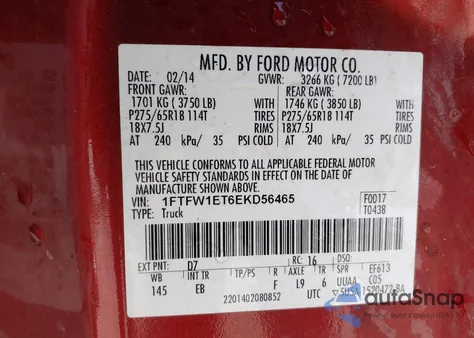 2014 Ford F-150 Lariat from USA, damaged, VIN 1FTFW1ET6EKD56465